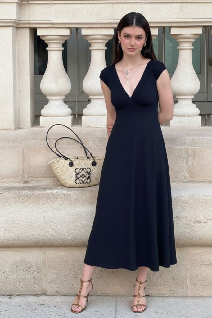 Vestido midi com saia evasê e blusa ajustada, para um look elegante e feminino.