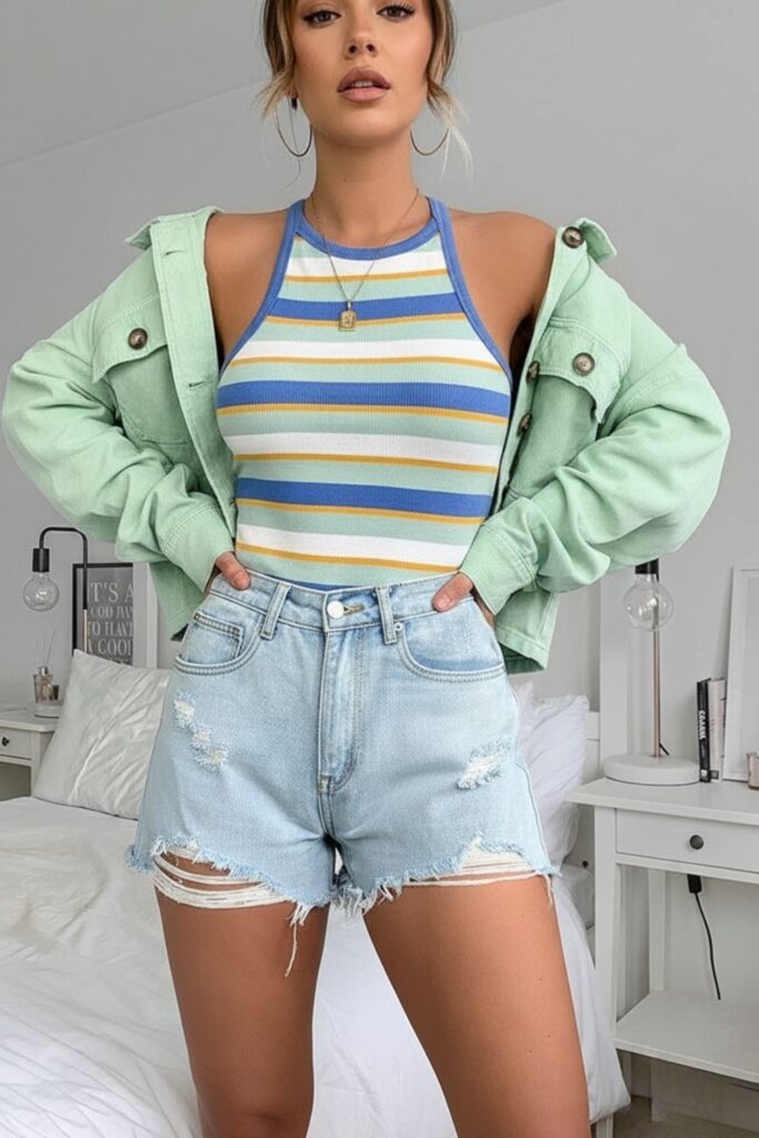 Bermuda jeans de lavagem clara com camisa social, para um estilo despojado.