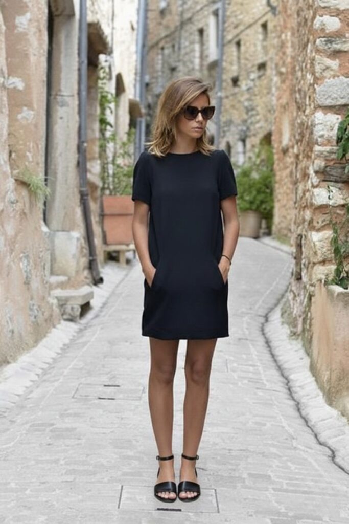 Ideia de look com vestido básico e sandália para o dia a dia