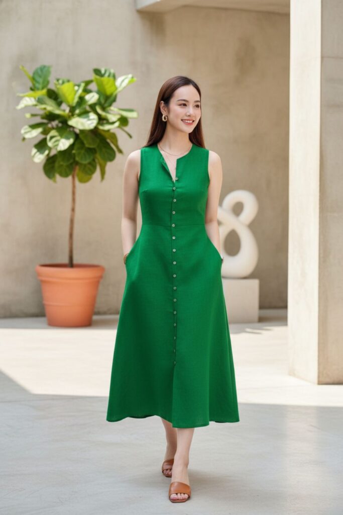 Um vestido elegante em um tom de verde, versátil para diversas ocasiões.