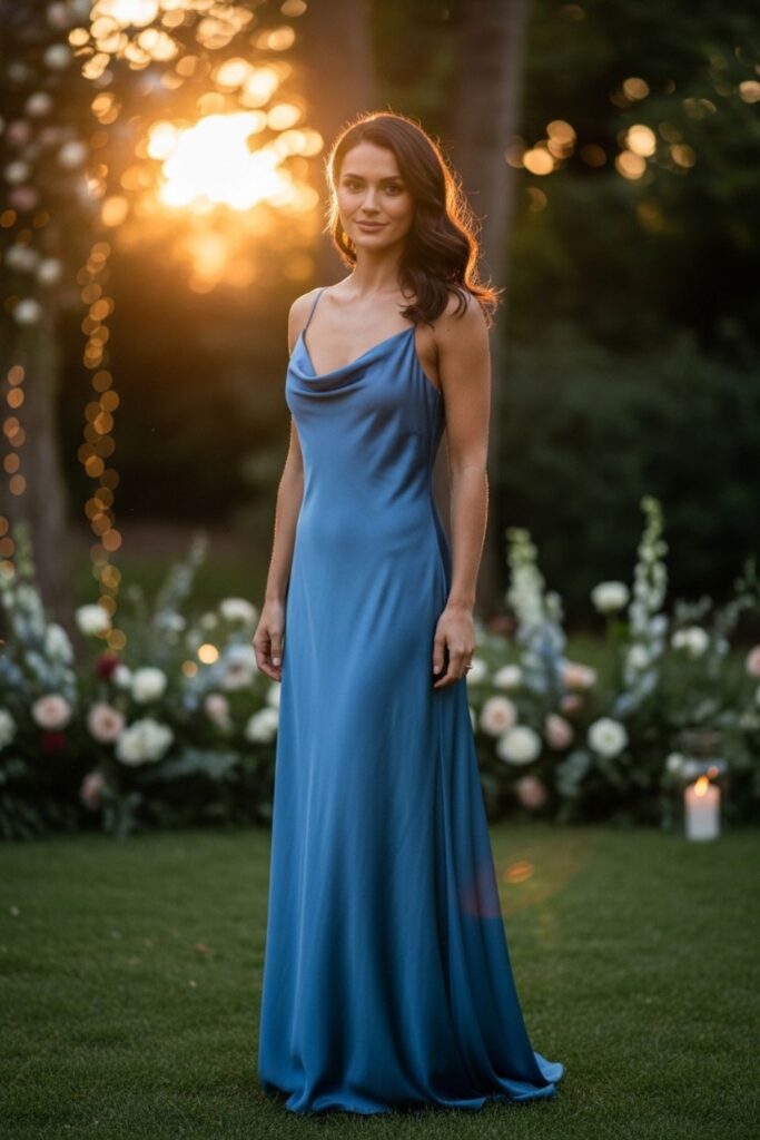 Vestido formal azul serenity longo elegante para casamento