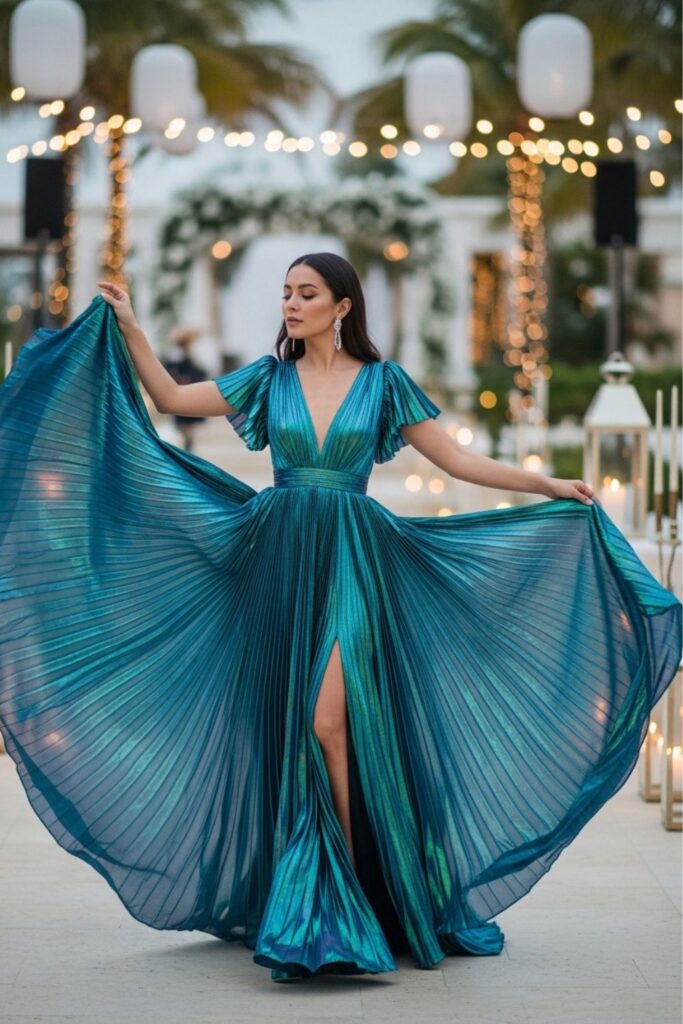 Vestido azul petróleo plissado elegante para casamento