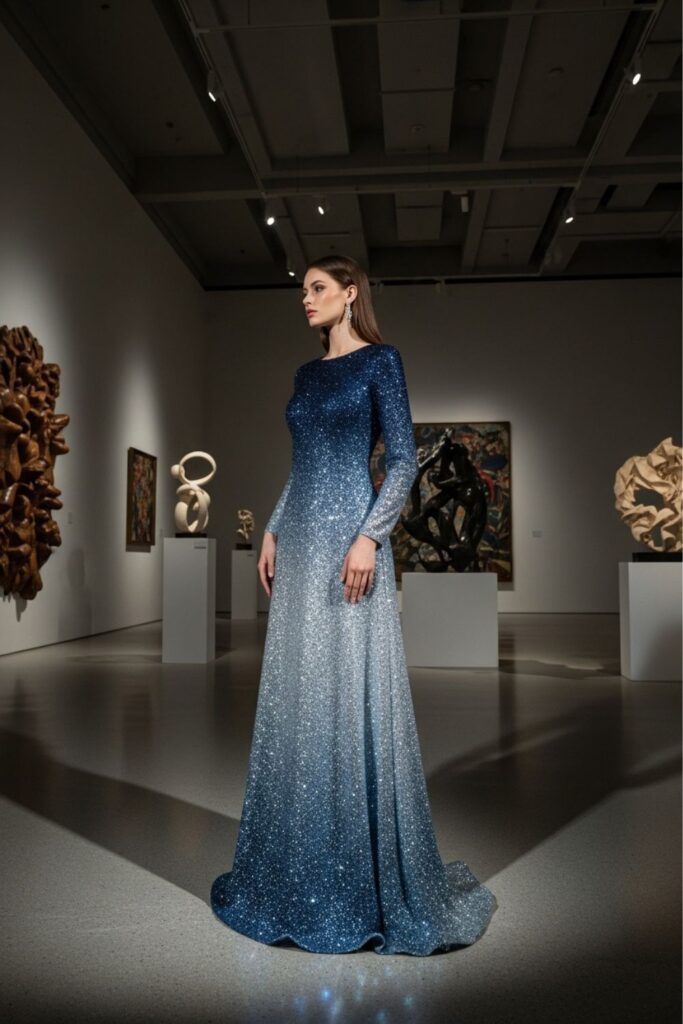 Vestido azul degradê ombré formal para formatura