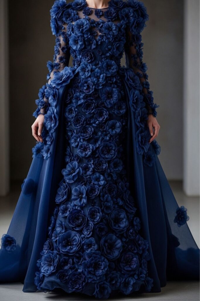 Vestido azul com flores 3D elegante para festa formal