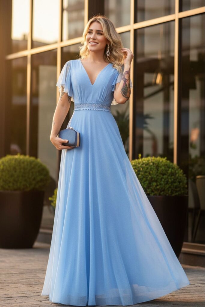 Vestido formal azul elegante para casamento 2026