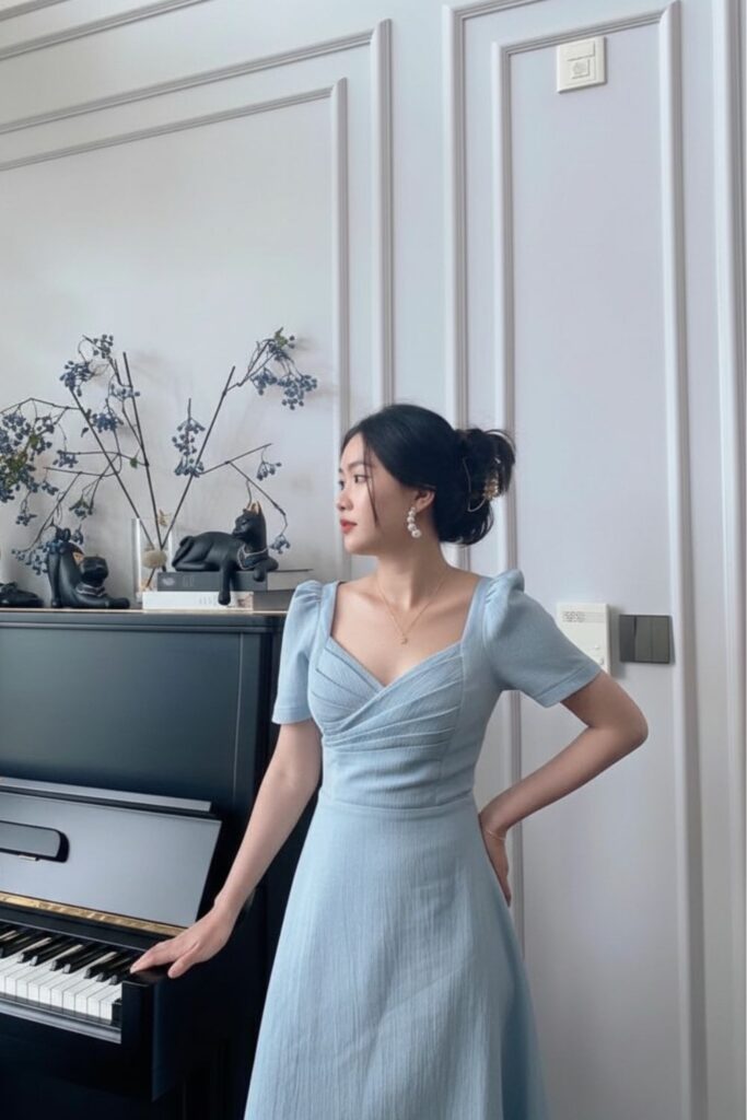 Vestido azul longo formal elegante para formatura