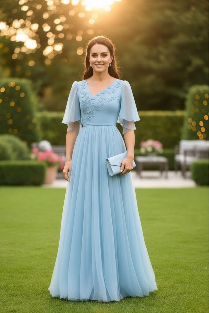 Vestido azul sofisticado com brilho para evento formal