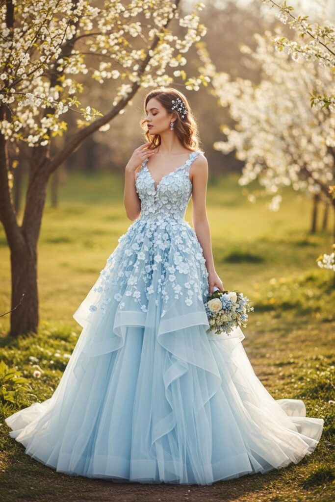 Vestido azul claro formal com tule e bordados