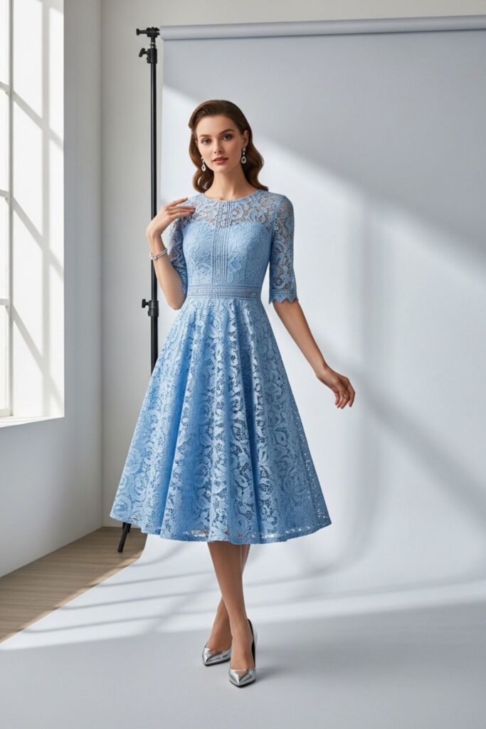 Vestido azul claro rendado formal para madrinha