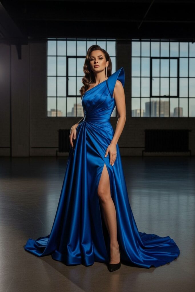 Vestido azul royal acetinado com fenda formal