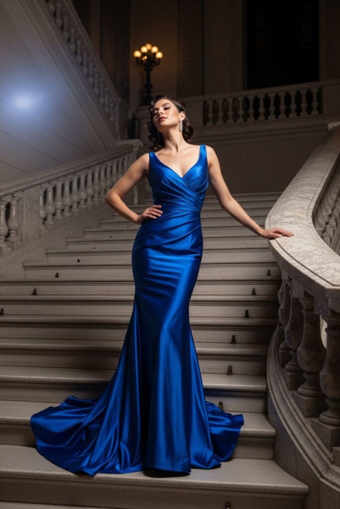 Vestido azul cobalto modelo sereia para casamento