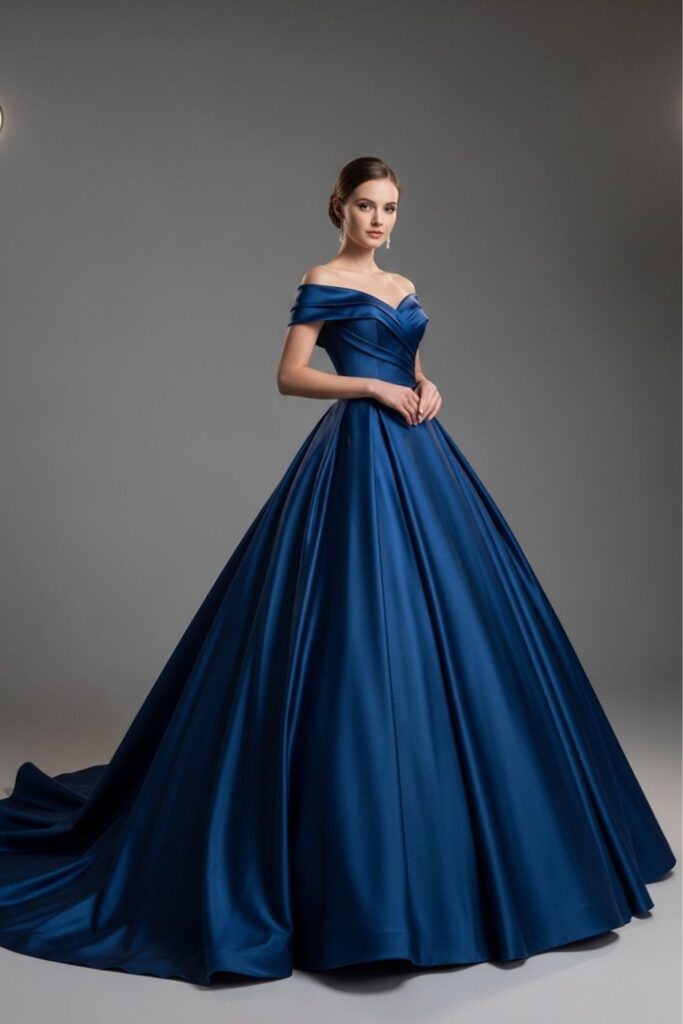 Vestido azul midnight ombro a ombro para casamento