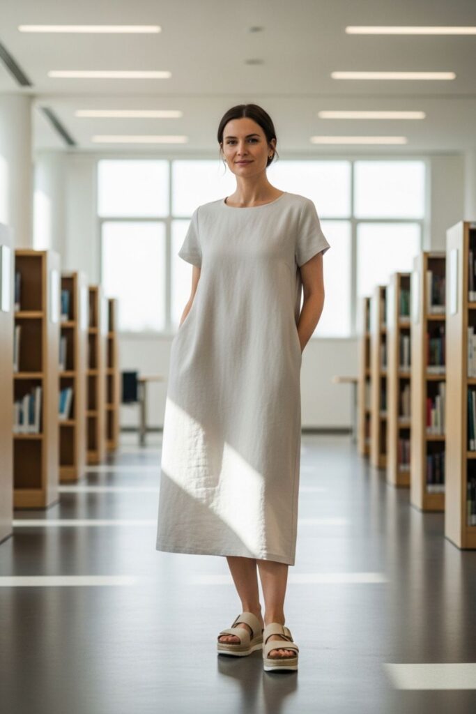 Look minimalista com vestido midi e sandália flatform