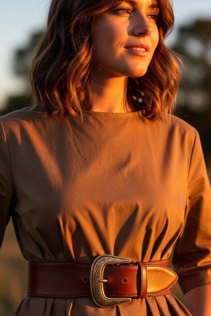 Vestido midi acinturado com cinto largo de couro