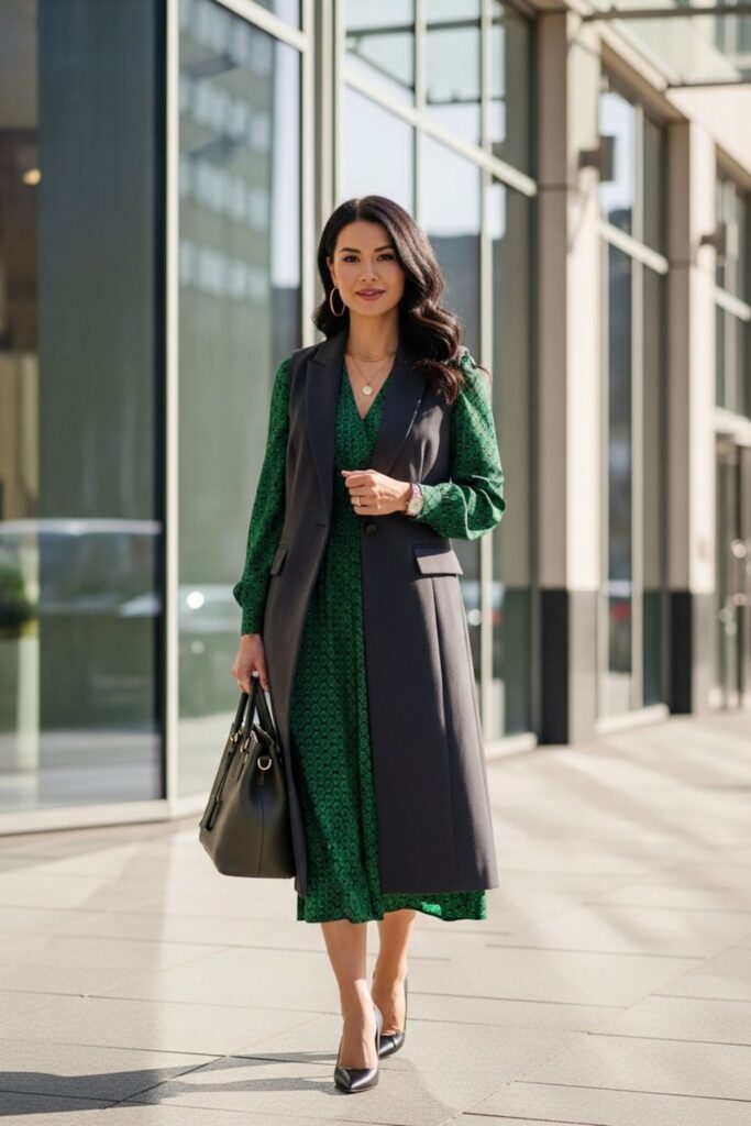 Vestido midi com colete de alfaiataria alongado