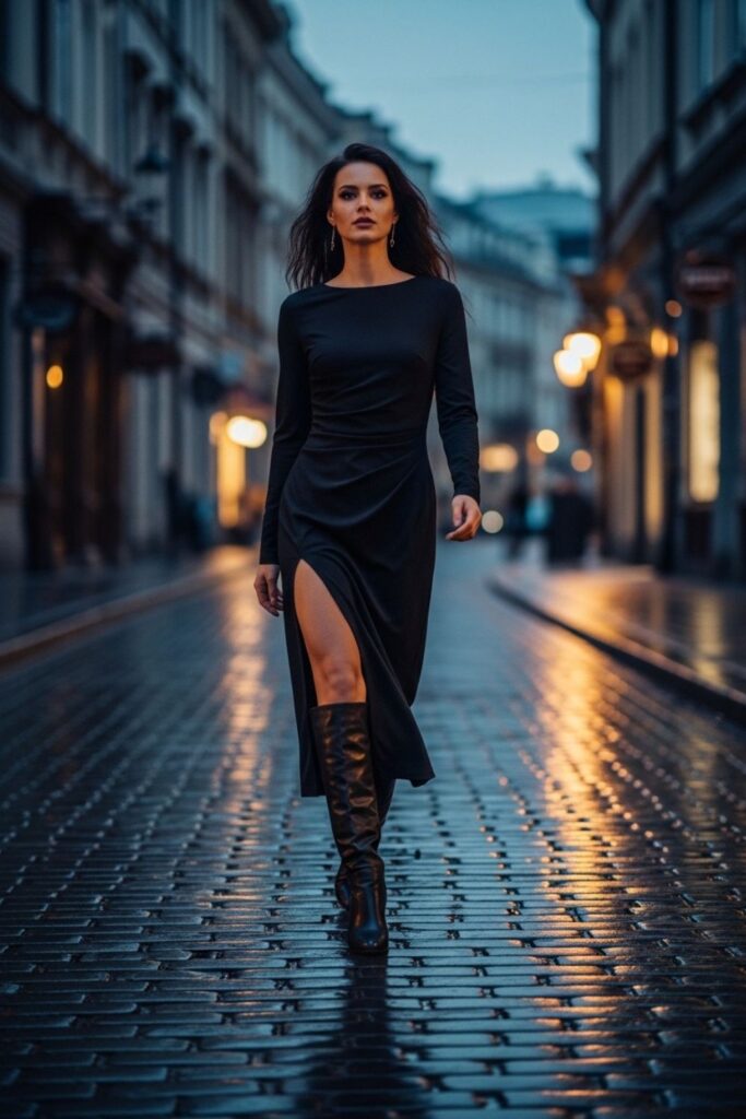 Vestido midi com fenda e botas de couro de cano alto