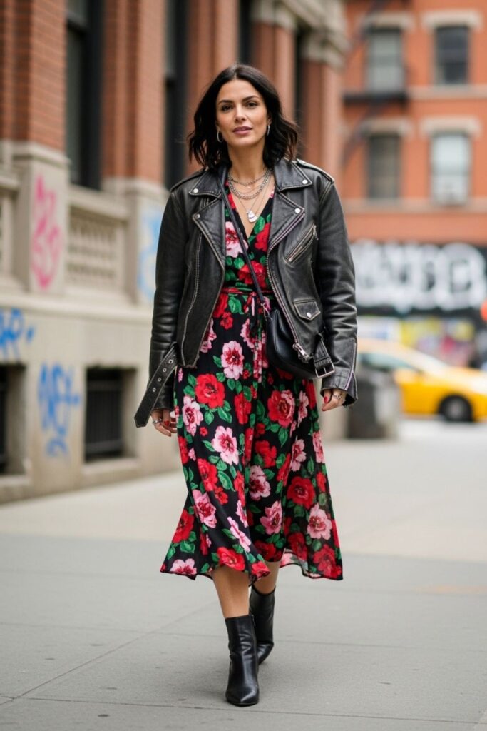 Vestido midi floral com jaqueta de couro preta