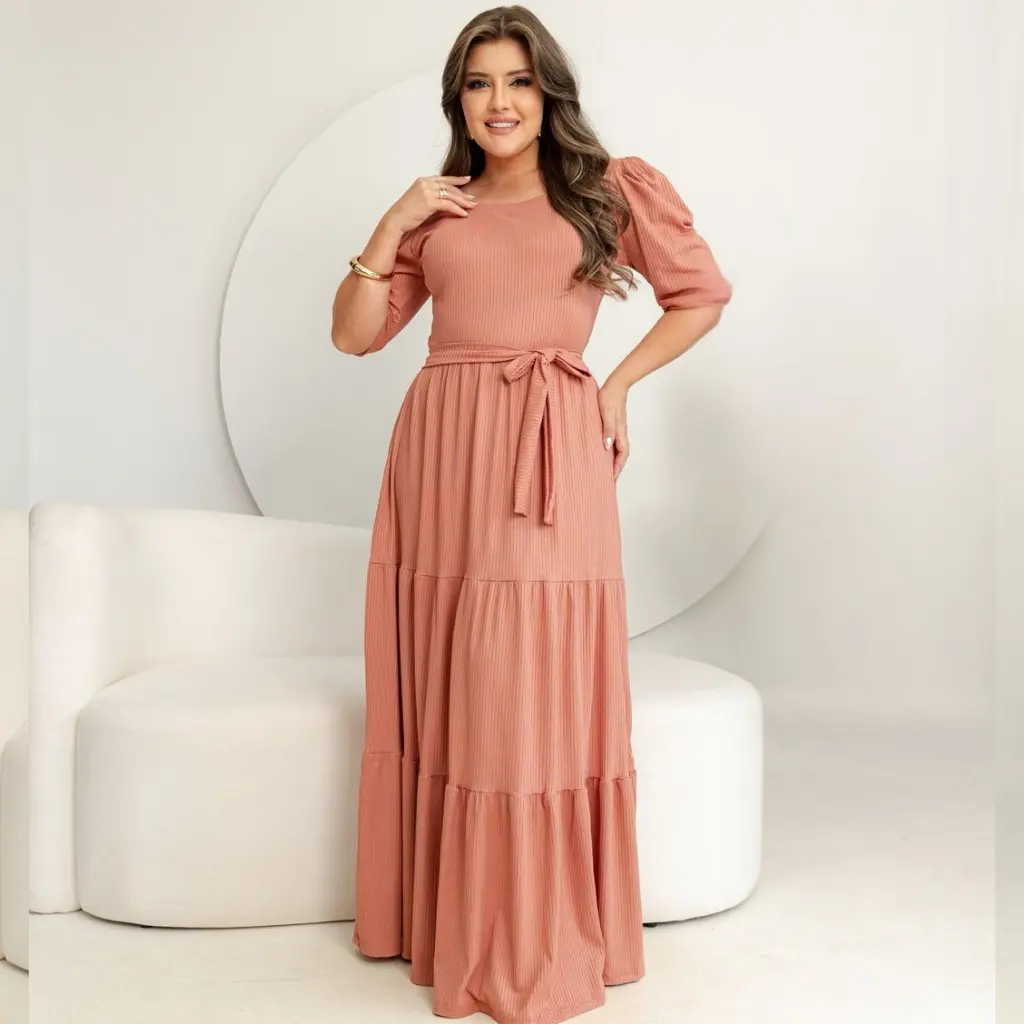 Vestido feminino longo evangélico luxo elegante no canelado
