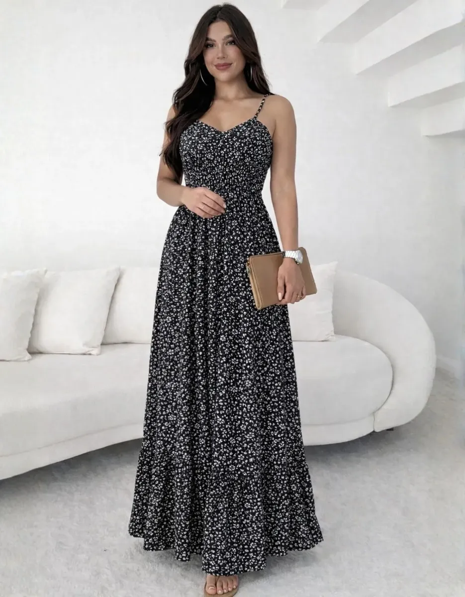 Vestido lastex alcinha leve decote V feminino longo moda
