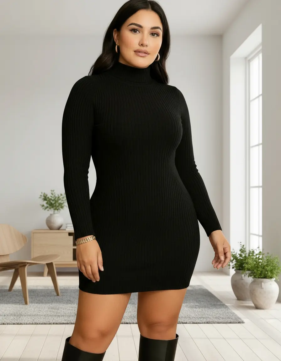 Vestido tubinho justo curto gola alta manga longa canelado