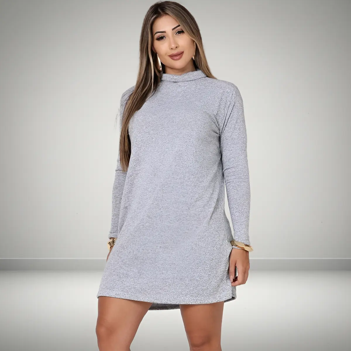 Vestido lãzinha gola alta manga longa moda inverno tendência
