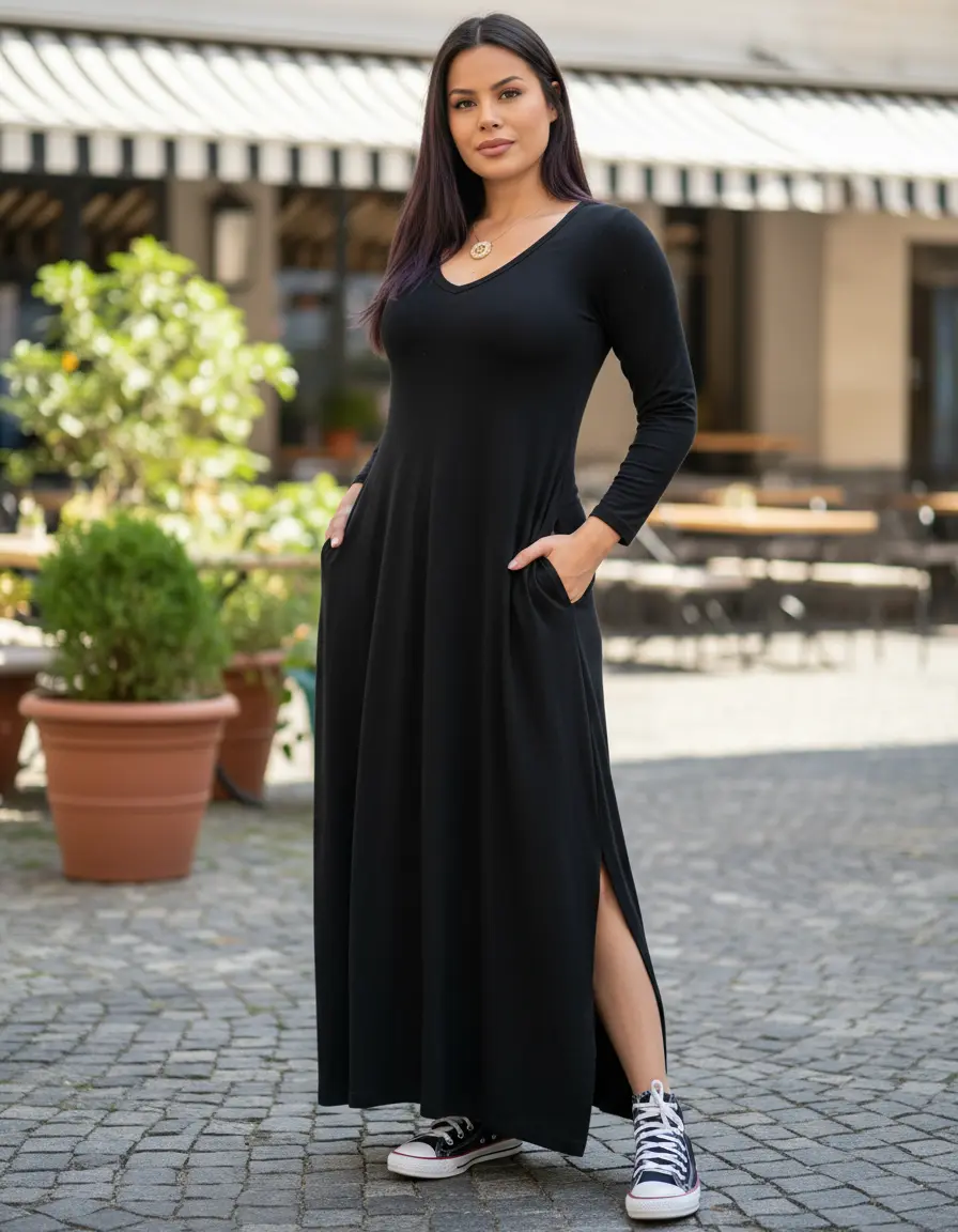 Vestido gola V manga longa