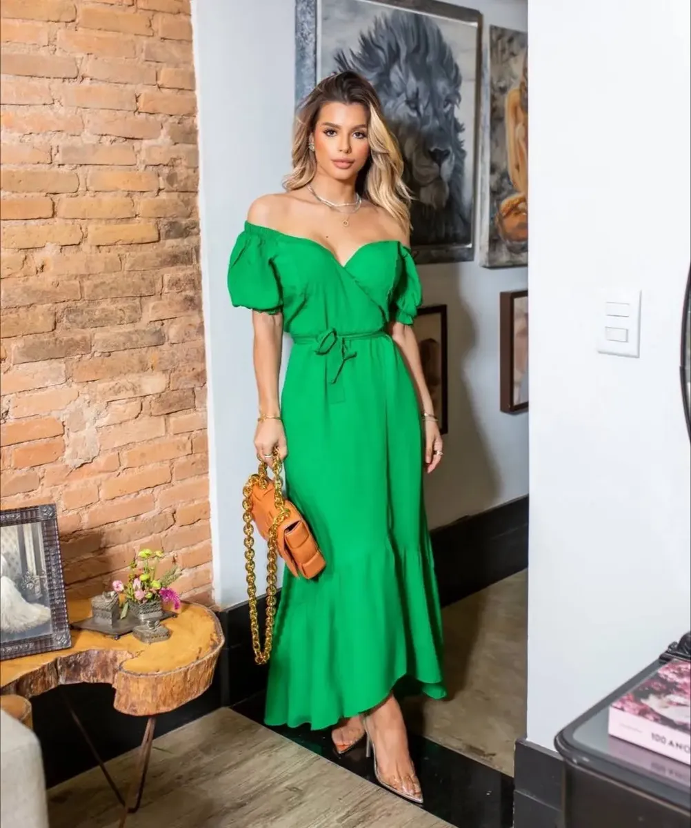 Vestido longo transpassado envelope com babado decote em V