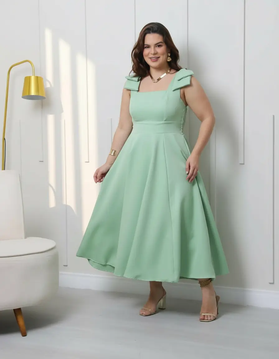 Vestido Midi Rodado Feminino Laço Fixo Na Alça