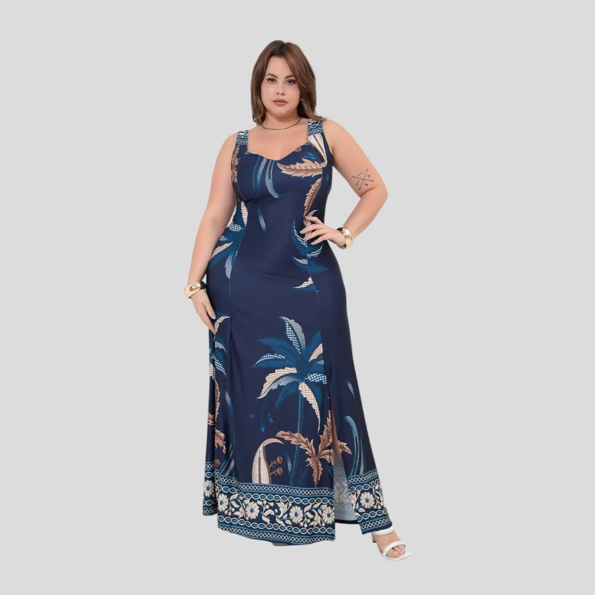 Vestido longo alça plus size florido estampado soltinho