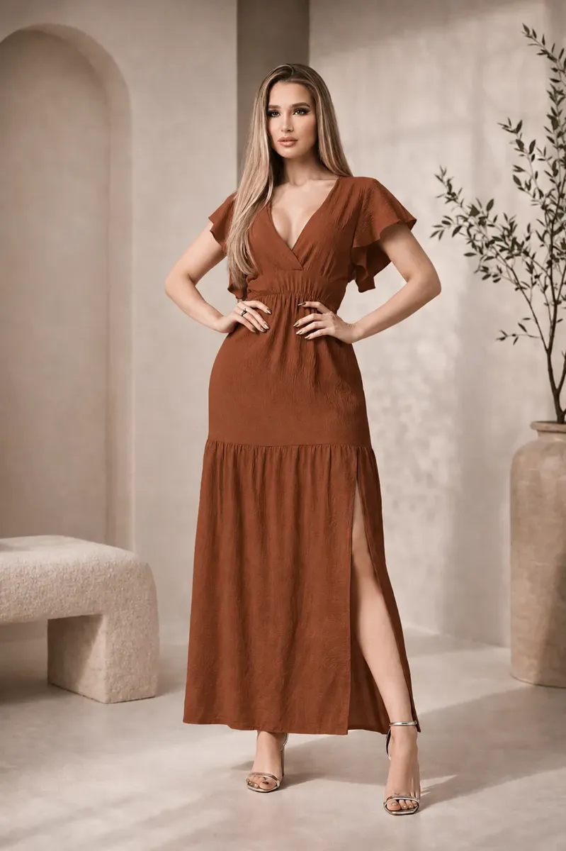 Vestido longo feminino elegante duna com fenda lateral