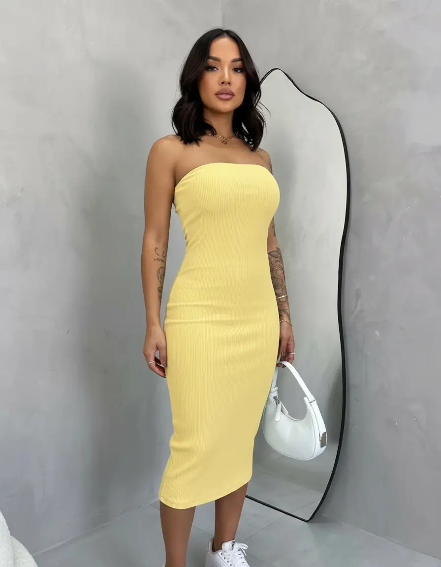 Vestido midi tomara que caia canelado elegância e conforto