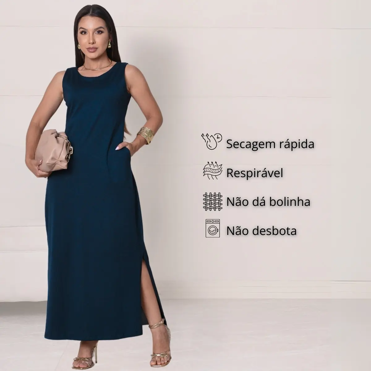 Vestido longo feminino cavado fenda lateral com bolso fresco