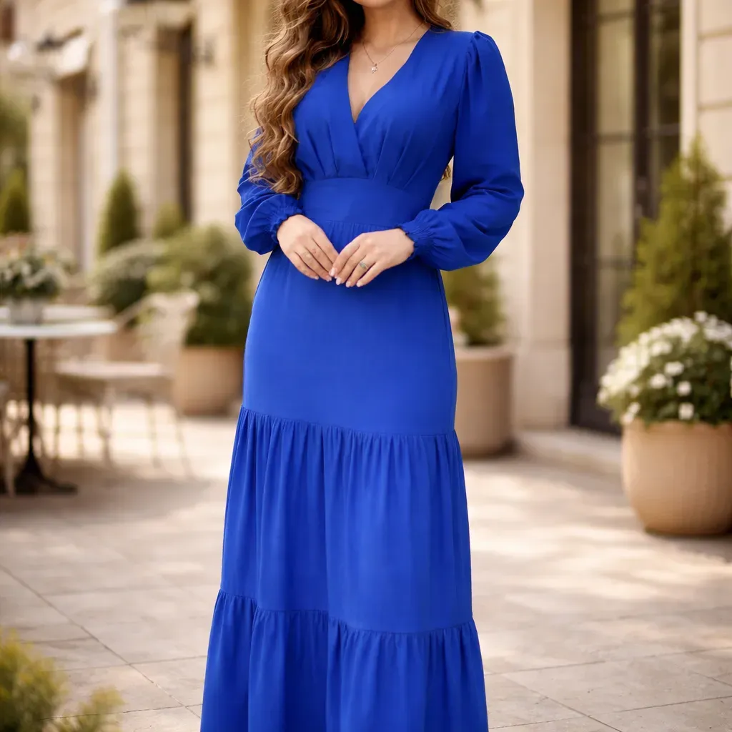 Vestido longo feminino manga princesa bufante decote fluido