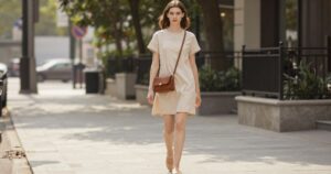 Mulher de óculos escuros vestindo um vestido curto casual de algodão bege na cidade.