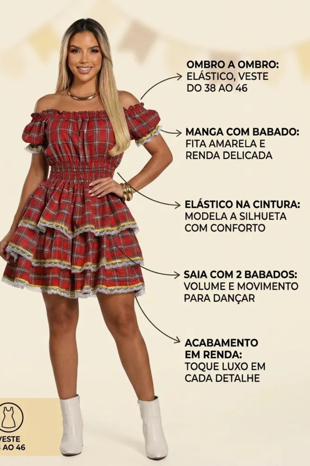 Detalhe de estampa xadrez tradicional em roupa caipira feminina