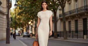 Mulher elegante de perfil usando vestido midi de crochê cru em cenário urbano