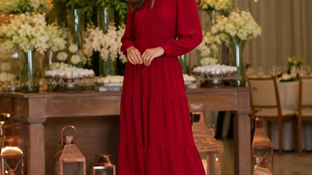 Mulher elegante vestindo vestido longo vermelho em ambiente iluminado com decoração de festa ao fundo.