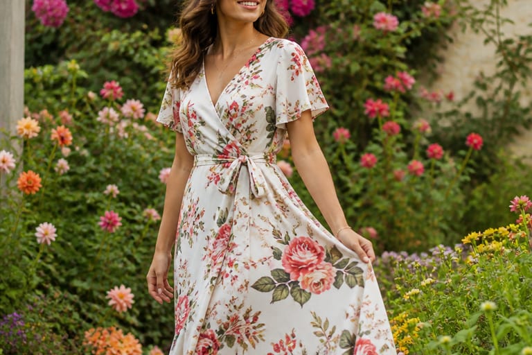 Mulher usando vestido floral em um jardim com flores coloridas ao fundo, em pose alegre.