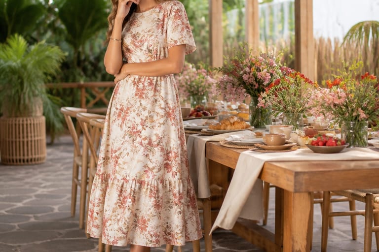 Mulher sorrindo vestindo um vestido midi em um brunch ao ar livre, com mesa decorada ao fundo.