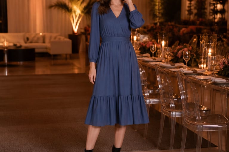 Mulher usando vestido midi azul e bota de cano curto em ambiente de festa com decoração elegante e luz suave.