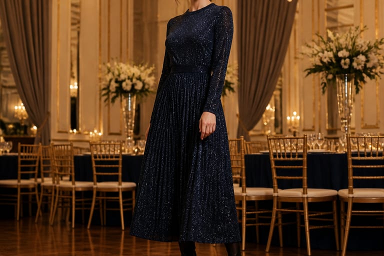 Vestido longo de festa com bota de salto em ambiente de gala, com luzes brilhantes e pose elegante.