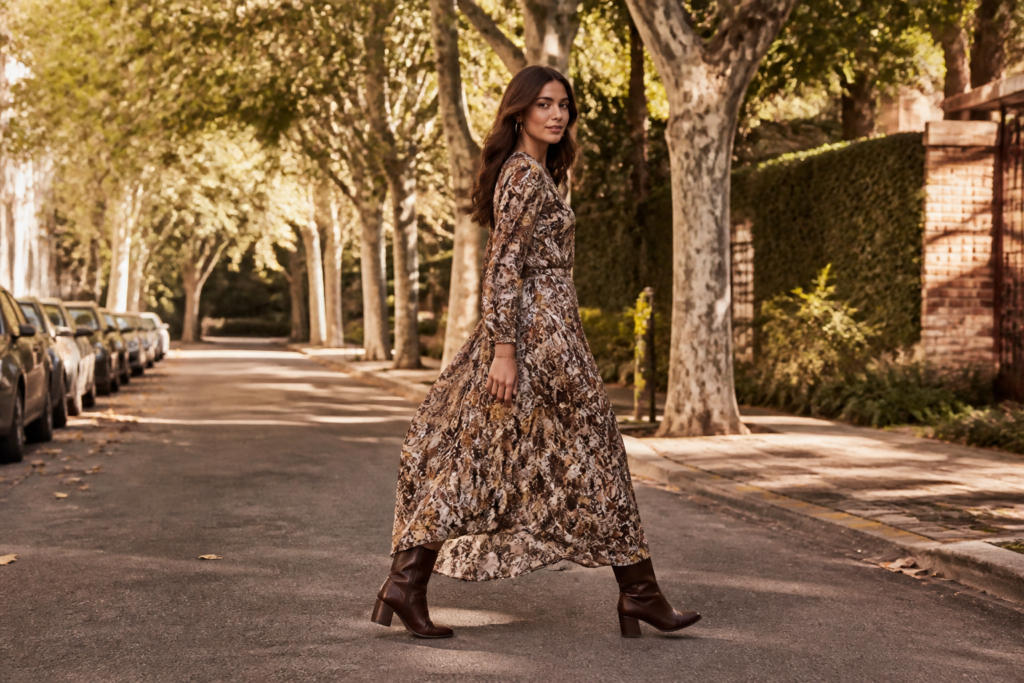Look sofisticado com bota de couro e vestido longo fluido em rua urbana