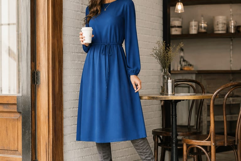 Mulher usando vestido midi azul e bota over the knee cinza em um café, com luz natural.