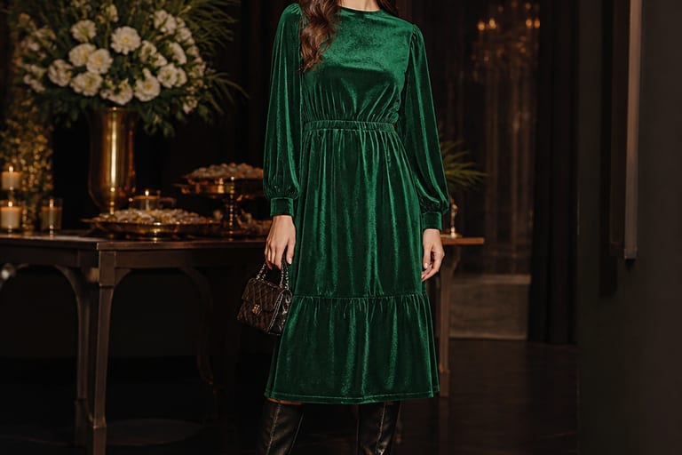 Vestido de veludo verde com bota over the knee preta em ambiente de festa com luz suave e decoração elegante.