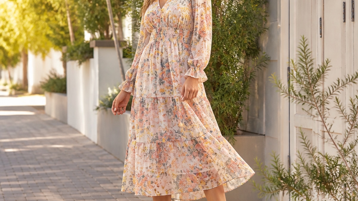 Mulher elegante usando vestido midi floral em tons pastel e botinhas brancas em ambiente externo com árvores ao fundo.