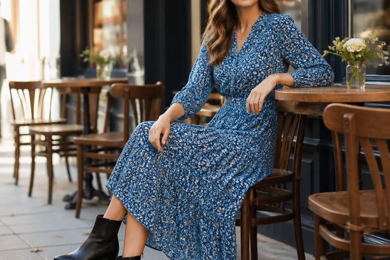 Mulher usando vestido midi azul com estampa floral e botinhas pretas, sentada em um café ao ar livre com mesas e cadeiras de madeira, sob luz suave do sol.