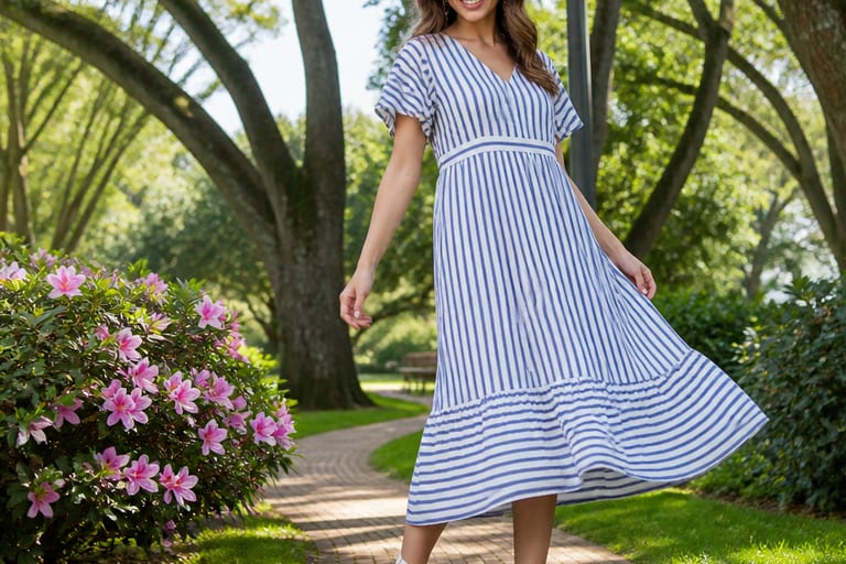Mulher em vestido midi de algodão listrado e botinhas brancas, sorrindo em um parque com árvores e flores ao fundo.