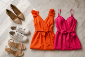 Composicao de sapatos elegantes ao lado de vestidos curtos coloridos em superficie clara