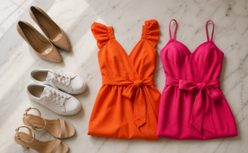 Composicao de sapatos elegantes ao lado de vestidos curtos coloridos em superficie clara