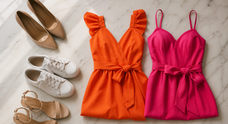 Composicao de sapatos elegantes ao lado de vestidos curtos coloridos em superficie clara